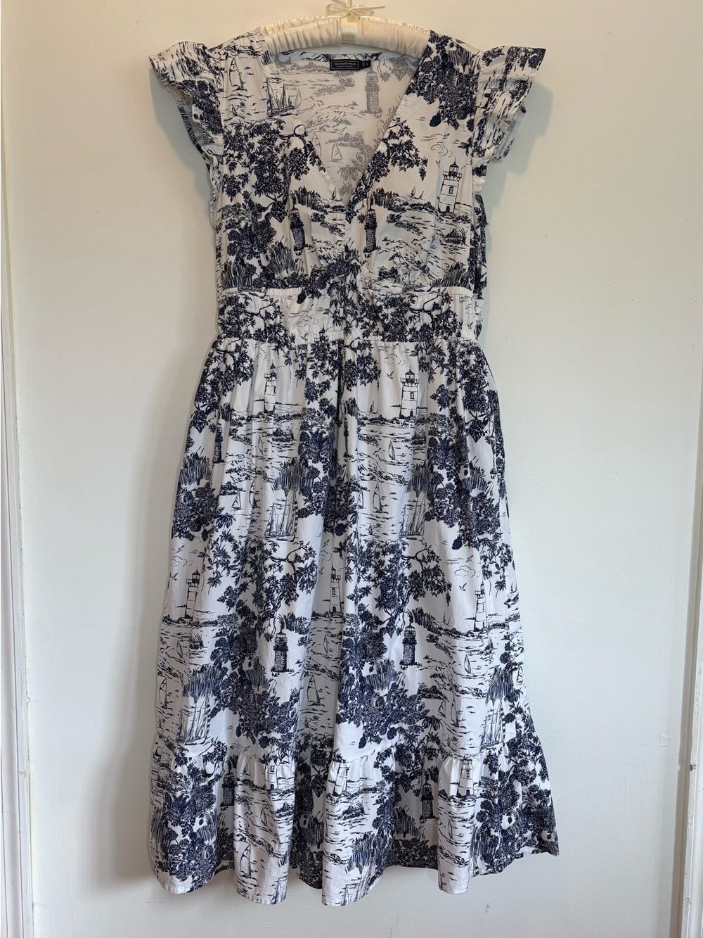 New Vineyard Vines Toile Lighthouse Tiered Ruffle Midi Dress Large Blue & White